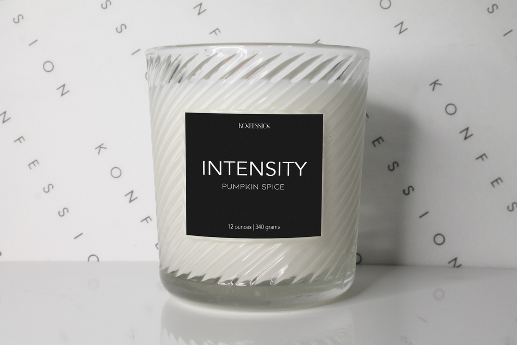 Our Intensity soy candle in the scent of pumpkin spice.